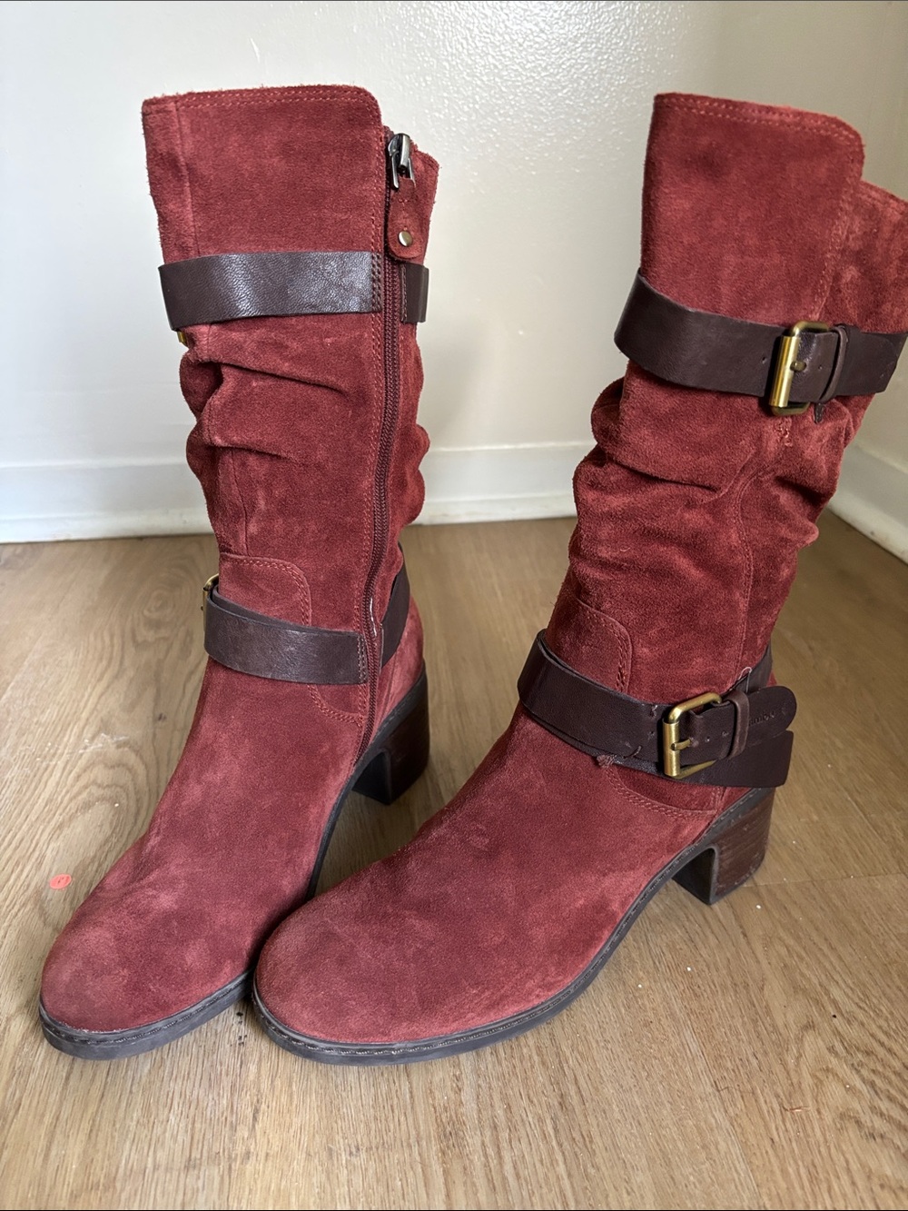 Jambu Red Suede Mid-Calf Heeled Boots with Brown Strap Detail
